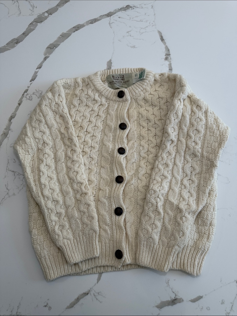 ARAN 100% merino wool Kids Cream Cable-Knit Button Cardigan MADE IN IRELAND